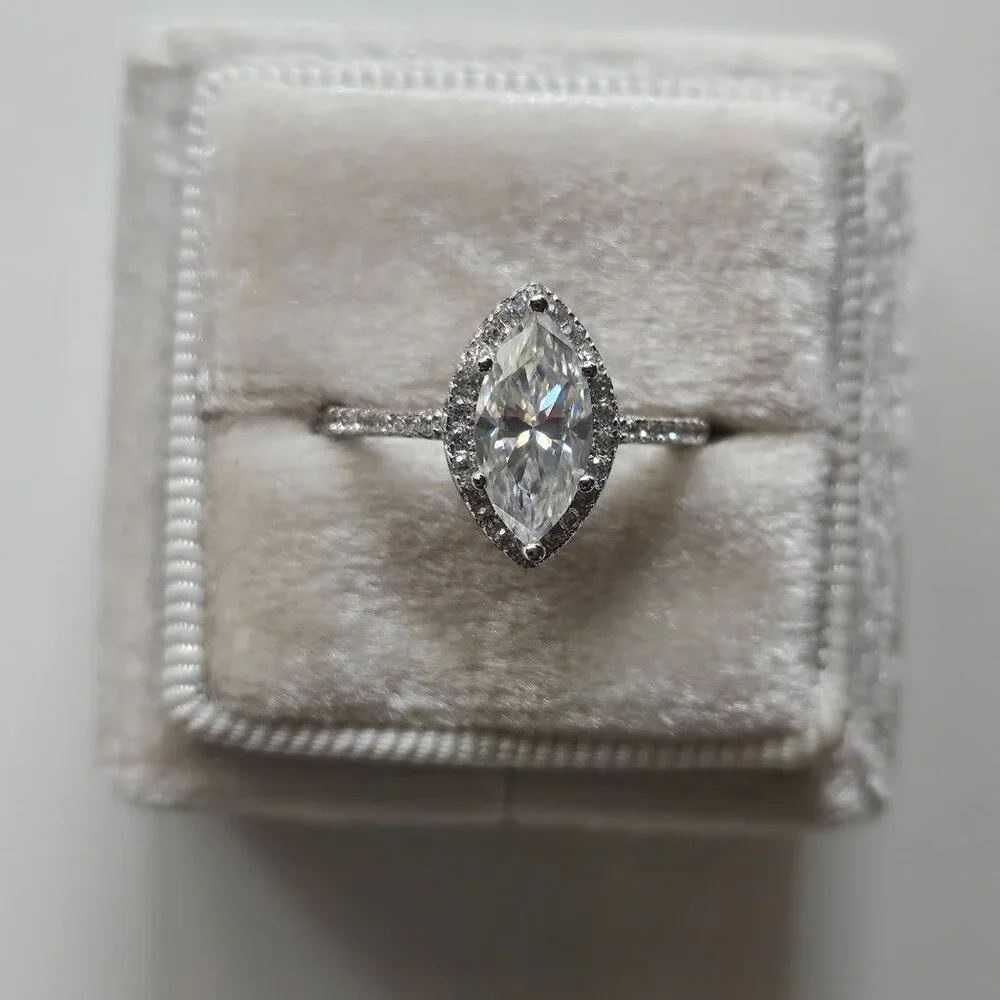 Marquise Cut Moissanite Engagement Ring, Statement, Size 6, Halo, Gift for her